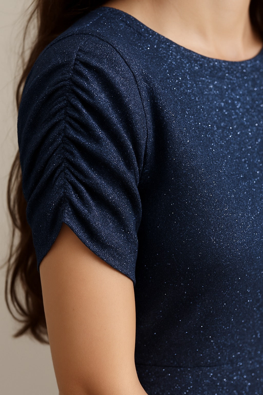 Navy Sparkle Ruched-Sleeve Midi Dress