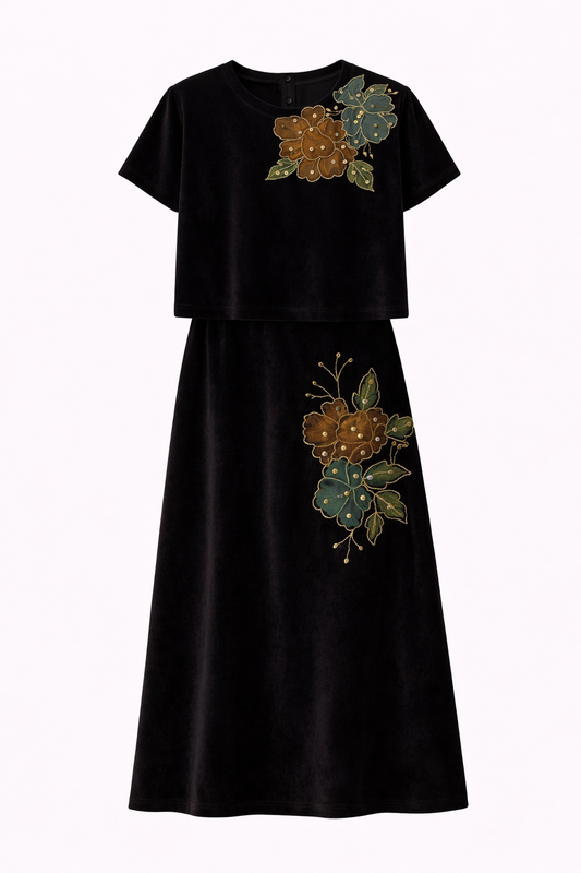 Black Velvet Floral Embellished Maxi Skirt & Top Set