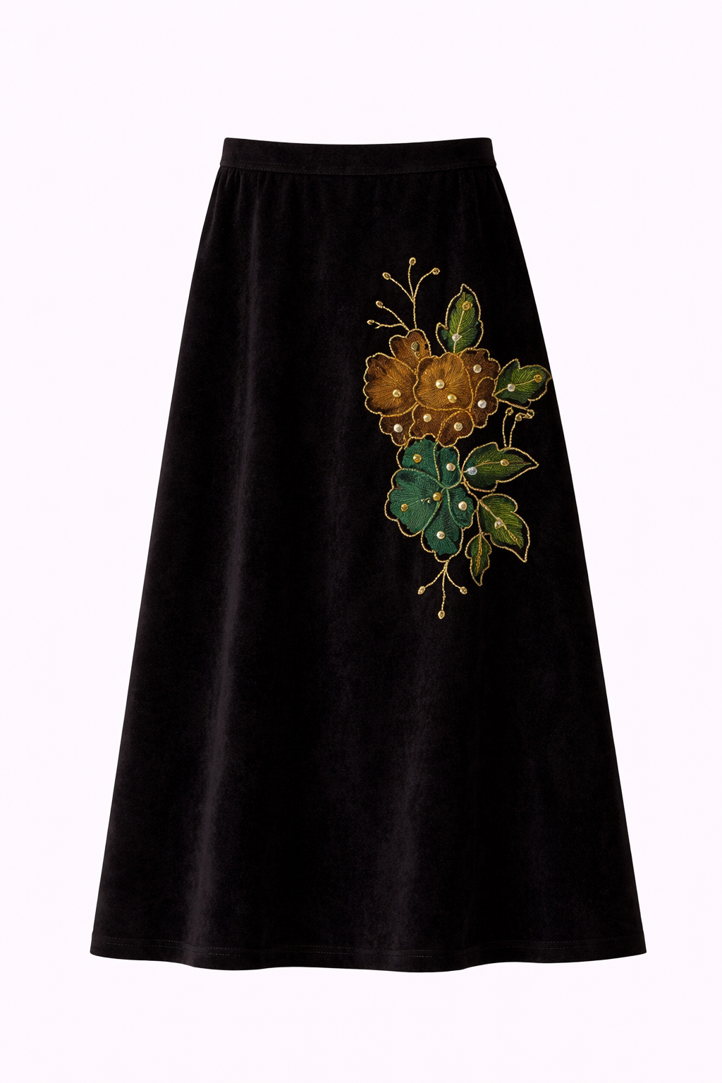 Black Velvet Floral Embellished Maxi Skirt & Top Set