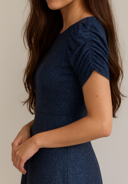 Navy Sparkle Ruched-Sleeve Midi Dress