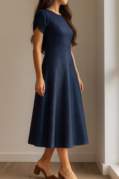 Navy Sparkle Ruched-Sleeve Midi Dress