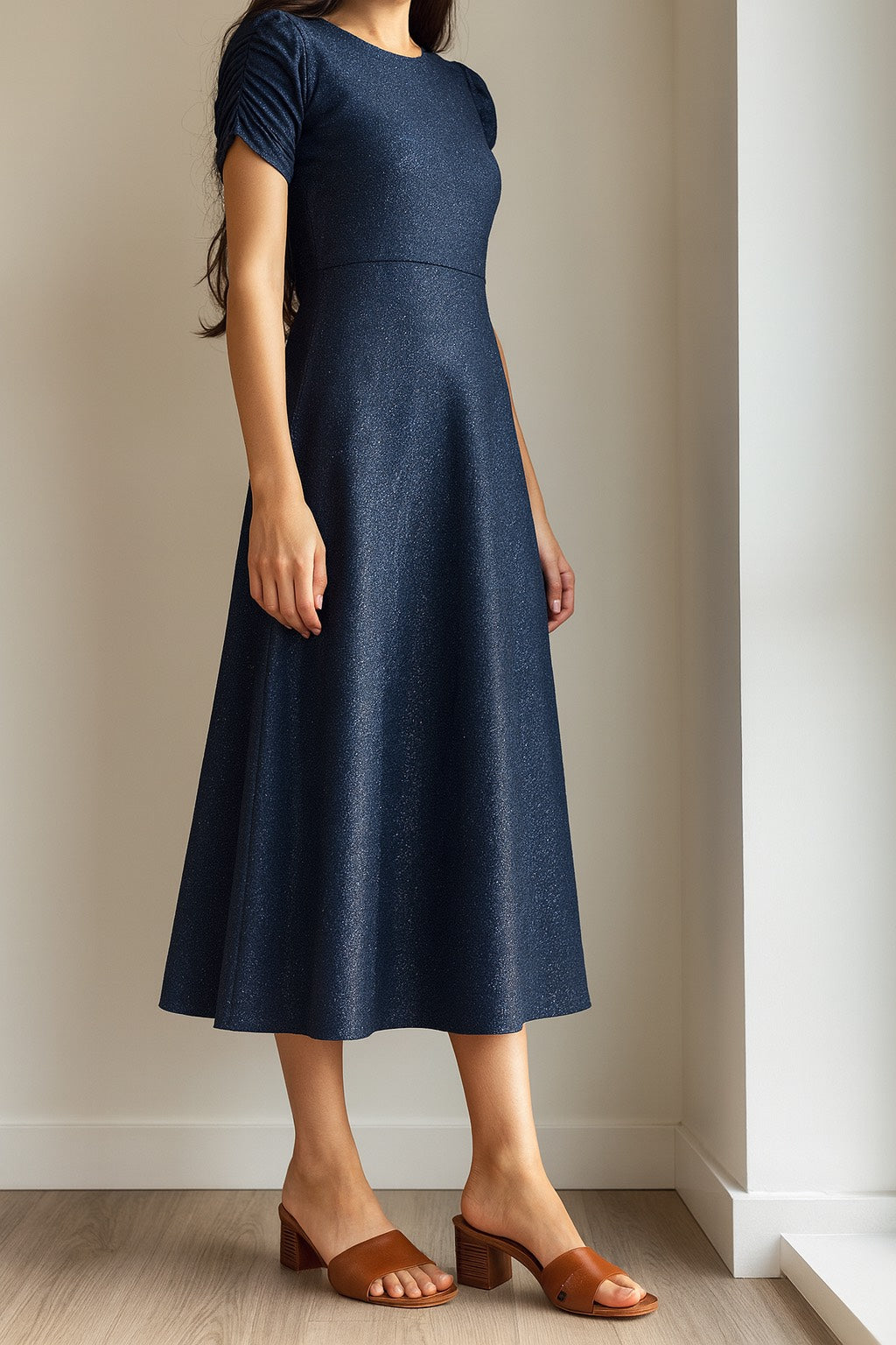 Navy Sparkle Ruched-Sleeve Midi Dress