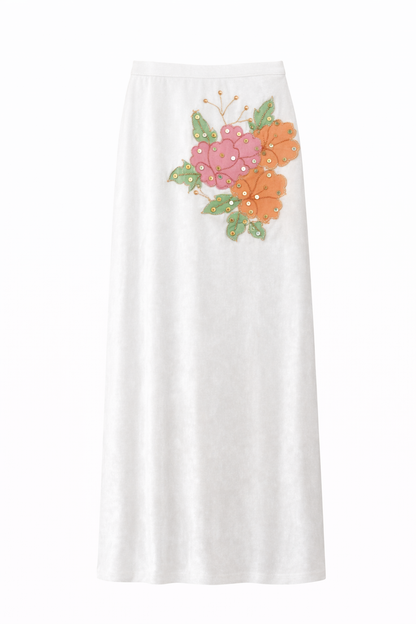 White Velvet Floral Embellished Maxi Skirt & Top Set