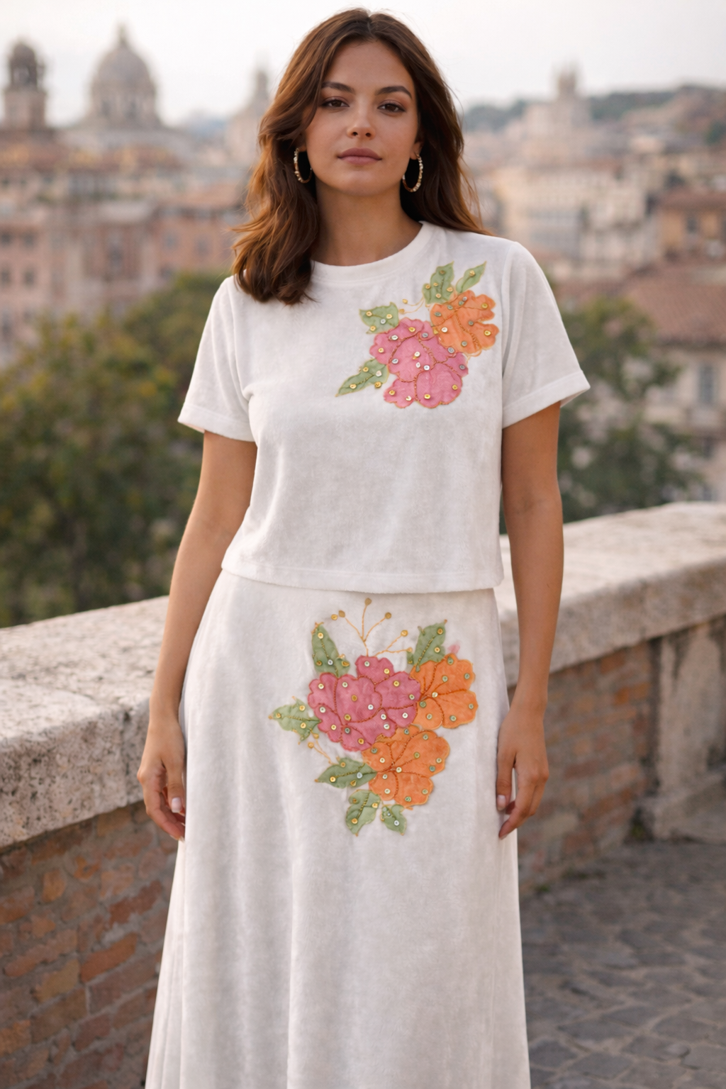 White Velvet Floral Embellished Maxi Skirt & Top Set