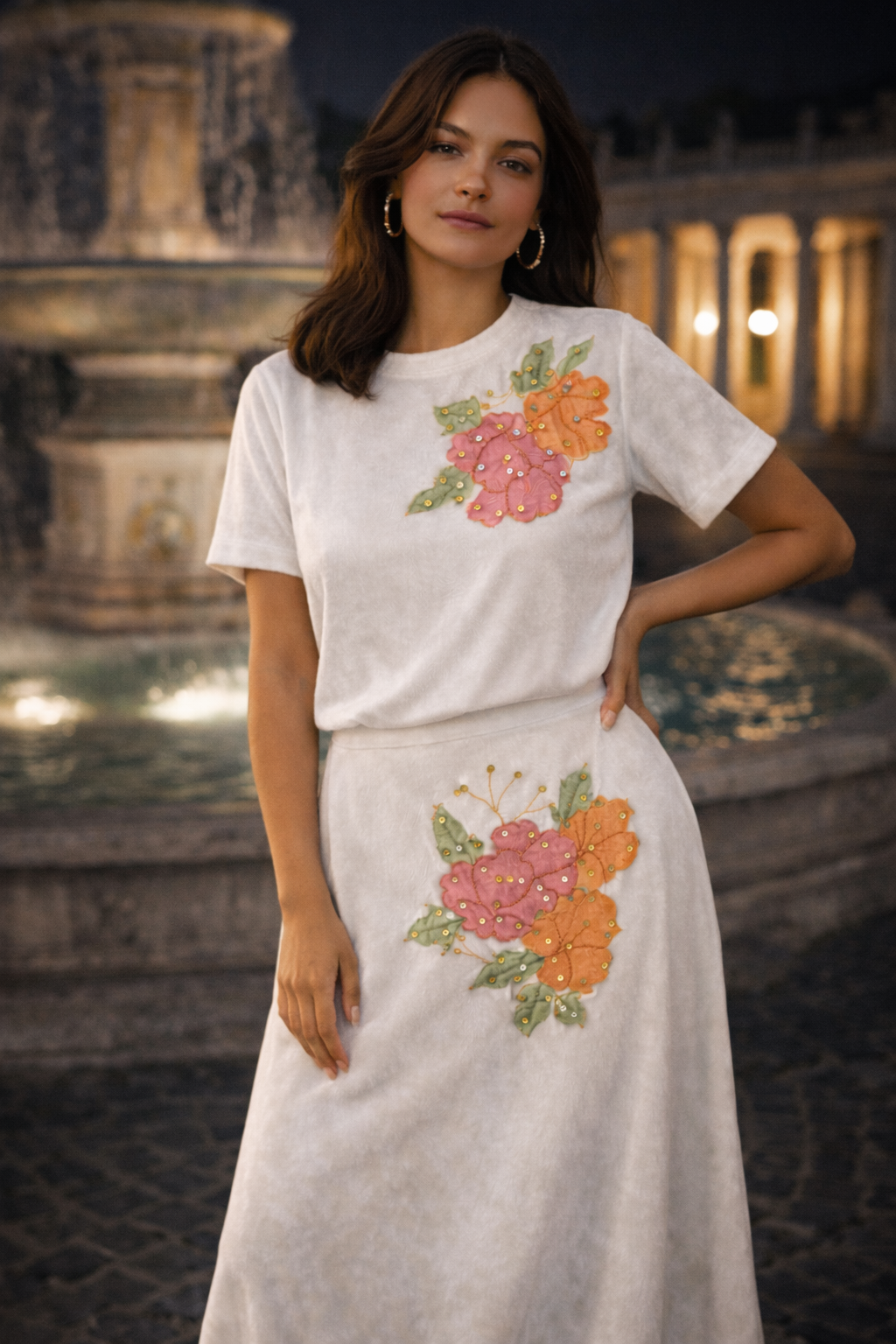 White Velvet Floral Embellished Maxi Skirt & Top Set