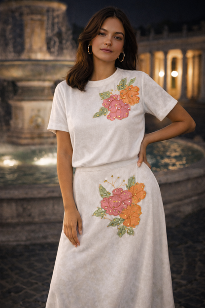 White Velvet Floral Embellished Maxi Skirt & Top Set